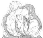  2girls akagi_(kantai_collection) arm_grab blush closed_eyes commentary_request couple female gloves graf_zeppelin_(kantai_collection) greyscale hair_between_eyes half-closed_eyes hand_on_another&#039;s_cheek hand_on_another&#039;s_face incipient_kiss iron_cross japanese_clothes kantai_collection kimono kurozu_(hckr_96) long_hair long_sleeves looking_at_another military military_uniform monochrome multiple_girls mutual_yuri neck necktie parted_lips sidelocks simple_background sweatdrop tasuki twintails uniform upper_body white_background yuri 