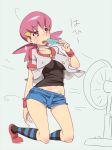  1girl akane_(pokemon) breasts denim_shorts eating gym_leader large_breasts licking midriff navel open_clothes pink_hair pokemon pokemon_(game) pokemon_hgss short_shorts shorts tongue tongue_out zaitsu 