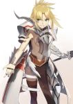  1girl absurdres armor armored_dress blonde_hair breastplate eyebrows_visible_through_hair fate/apocrypha fate/grand_order fate_(series) feng_ze gloves green_eyes highres holding holding_sword holding_weapon looking_at_viewer midriff navel no_bra parted_lips pelvic_curtain ponytail ribs saber_of_red shoulder_armor simple_background solo sword teeth thigh-highs weapon white_background 