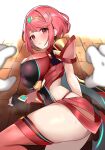  1girl absurdres bangs black_gloves blush bob_cut boots breasts chest_jewel clothing_cutout covered_navel earrings enishi96 fingerless_gloves gloves highres jewelry large_breasts looking_at_viewer pyra_(xenoblade) red_eyes red_legwear red_shorts redhead short_hair short_shorts shorts swept_bangs thigh-highs thigh_boots tiara xenoblade_chronicles_(series) xenoblade_chronicles_2 