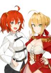  2girls :d absurdres ahoge blonde_hair blush breasts brown_eyes cleavage epaulettes fate/extra fate/grand_order fate_(series) fujimaru_ritsuka_(female) green_eyes hand_on_hip highres looking_at_viewer medium_breasts multiple_girls open_mouth orange_hair saber_extra see-through side_ponytail simple_background smile standing tuxedo_de_cat white_background 