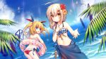  2girls :d absurdres ahoge argyle_bikini ass bandeau bangs bare_shoulders bikini bilan_hangxian blonde_hair blue_bikini blue_bow blue_eyes blue_sky blurry blush bow closed_mouth clouds cloudy_sky day depth_of_field eyebrows_visible_through_hair flower front-tie_bikini front-tie_top hair_bow hair_ornament hairclip hibiscus highres innertube jewelry jiang-ge leaning_forward looking_at_viewer looking_back low_ponytail multiple_girls necklace ocean open_mouth outdoors outstretched_hand palm_leaf red_bikini red_bow ringlets sarong sky smile swimsuit thighs twintails whistle yellow_eyes 