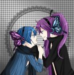  2boys blue_eyes blue_hair headphones highres kaito kamui_gakupo long_hair looking_at_another magnet_(vocaloid) multiple_boys ponytail purple_hair short_hair smile very_long_hair vocaloid yaoi 