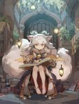  1girl animal_ears anklet barefoot book demon_horns detached_sleeves feathered_wings fur_trim hair_tubes highres horns ilmina_(p&amp;d) jewelry library multiple_tails puzzle_&amp;_dragons tail tennohi white_hair wings yellow_eyes 