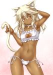  1girl alternate_costume animal_ears armpits bare_arms bare_shoulders bell bell_choker blonde_hair blush bra breasts brown_eyes cat_cutout cat_ear_panties cat_ears cat_lingerie cat_tail choker cleavage_cutout closed_mouth cowboy_shot frilled_bra frills groin guilty_gear guilty_gear_xrd hair_between_eyes highres jingle_bell kemonomimi_mode long_hair looking_at_viewer medium_breasts meme_attire navel panties platinum_blonde ramlethal_valentine roura side-tie_panties smile solo stomach tail underwear underwear_only white_bra 