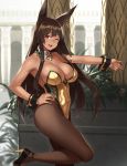  1girl ;d animal_ears anubis_(houtengeki) armlet ass bangs bare_arms bare_shoulders black_legwear black_shoes blunt_bangs breasts brown_hair cleavage collarbone commentary covered_navel cross cross_earrings day detached_collar earrings fox_ears fox_tail hand_on_hip high_heels highres houtengeki jewelry large_breasts leg_up leotard long_hair looking_at_viewer one_eye_closed open_mouth original outstretched_arm pantyhose pillar plant potted_plant red_eyes round_teeth shoes sidelocks skin_tight smile solo standing standing_on_one_leg strapless strapless_leotard sunlight tail tareme teeth very_long_hair wrist_cuffs yellow_leotard 