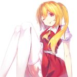  1girl ;p arm_support arms_at_sides ascot bangs blonde_hair breasts closed_mouth collared_shirt eyebrows_visible_through_hair flandre_scarlet frilled_skirt frills hair_between_eyes idco knees_up long_hair looking_at_viewer no_hat no_headwear no_wings one_eye_closed puffy_short_sleeves puffy_sleeves reclining red_eyes red_skirt red_vest shirt short_sleeves side_ponytail simple_background sitting skirt skirt_set smile solo thigh-highs tongue tongue_out touhou vest white_background white_legwear white_shirt wing_collar yellow_ascot 