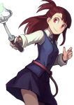  1girl bangs belt blunt_bangs brown_hair kagari_atsuko little_witch_academia long_hair peroncho ponytail red_eyes shirt skirt smile solo vest wand white_background witch 