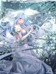  1girl aqua_(fire_emblem_if) aqua_hair artist_name branch breasts bridal_gauntlets bubble detached_collar dress fingerless_gloves fire_emblem fire_emblem_if flower gloves hand_on_own_chest highres kero_sweet long_hair looking_at_viewer open-back_dress sash signature smile solo underwater veil white_gloves yellow_eyes 