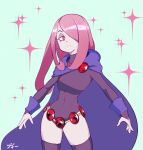  1girl boogy_(mnmnjuguna) cloak cosplay dc_comics expressionless eyeshadow frown hair_over_one_eye highres leotard little_witch_academia makeup pink_hair raven_(dc) raven_(dc)_(cosplay) solo sucy_manbavaran teen_titans thigh-highs 