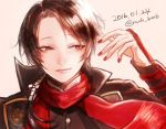  1boy 2016 brown_hair dated kashuu_kiyomitsu lips male_focus mole mole_under_mouth morino_bambi nail_polish ponytail red_eyes red_nails scarf smile touken_ranbu twitter_username upper_body 