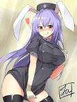 1girl alternate_costume animal_ears black_legwear blush breast_squeeze breasts commentary_request covering covering_crotch dress eyebrows_visible_through_hair gloves hat heart large_breasts licking_lips long_hair naughty_face nose_blush nurse nurse_cap purple_hair rabbit_ears red_eyes reisen_udongein_inaba short_dress short_sleeves solo syringe thigh-highs tirotata tongue tongue_out touhou white_gloves 