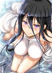  1girl black_hair breasts collarbone large_breasts long_hair looking_up original sideboob smile solo thighs usyuuri very_long_hair violet_eyes 