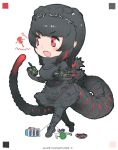  1girl aircraft barbed_wire black_hair black_robe building car dated godzilla godzilla_(series) gothic_lolita ground_vehicle hairband helicopter kaijuu kemono_friends lolita_fashion military military_vehicle monster monster_girl motor_vehicle open_mouth personification red_eyes shin_godzilla signature tail tank telephone_pole tree walking yoshizaki_mine 