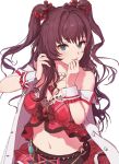  1girl bangs bare_shoulders belt blue_eyes bow breasts brooch brown_hair bustier cleavage coat finger_to_mouth frills hair_bow hand_in_hair highres ichinose_shiki idolmaster idolmaster_cinderella_girls idolmaster_cinderella_girls_starlight_stage jewelry long_hair looking_at_viewer looking_to_the_side medium_breasts midriff navel necklace off_shoulder pearl_necklace pendant simple_background skirt sleeveless_coat smile solo twintails wavy_hair white_background wrist_cuffs youmak 