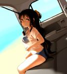  1girl absurdres bikini blue_bikini blush breasts brown_eyes brown_hair car_interior dutch_angle from_side hair_ornament hair_scrunchie half_updo highres kantai_collection long_hair looking_at_viewer medium_breasts naganami_(kantai_collection) satsuki_neko scrunchie see-through shirt smile solo swimsuit very_long_hair wet wet_clothes wet_hair wet_shirt 