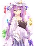  1girl bangs bare_shoulders bespectacled blue_bow blunt_bangs blush book bow collarbone crescent crescent_hair_ornament crystal dress glasses hair_bow hair_ornament hat head_tilt holding holding_book izuru long_hair looking_at_viewer magic_circle mob_cap off_shoulder patchouli_knowledge purple-framed_eyewear purple_hair red_bow simple_background sleeves_past_wrists solo striped striped_dress touhou very_long_hair violet_eyes white_background wide_sleeves 
