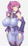  1girl bare_shoulders bodysuit breasts detached_sleeves grey_background huge_breasts long_hair looking_at_viewer nagase_haruhito original parted_lips ponytail purple_hair skin_tight solo thigh_gap yellow_eyes 