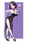  1girl alcohol alternate_costume black_hair breasts choker cleavage cup dress drinking_glass elbow_gloves gloves hand_on_hip high_heels holding_glass legs multicolored_hair nail_polish nanashiba one_eye_closed paladins pointy_ears purple_hair side_slit skye_(paladins) strapless strapless_dress two-tone_hair wine wine_glass 