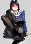  1girl absurdres bangs black_legwear blue_skirt blush book buttons closed_mouth commentary_request convenient_leg eyebrows_visible_through_hair feet foreshortening grey_background hairband head_tilt highres kasumigaoka_utaha knees_up legs_crossed long_hair long_sleeves looking_at_viewer no_shoes pantyhose pleated_skirt saenai_heroine_no_sodatekata school_uniform serafuku shiny shiny_hair simple_background sitting skirt smile soles solo thighband_pantyhose toes white_hairband yomu_(sgt_epper) 