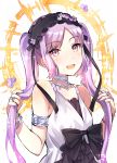  1girl :d bare_arms bare_shoulders black_bow bow bracelet choker dress euryale eyebrows_visible_through_hair fate/hollow_ataraxia fate_(series) hairband head_tilt holding holding_hair jewelry lavender_hair lolita_hairband long_hair looking_at_viewer necklace open_mouth sleeveless sleeveless_dress smile solo sparkle tan_(tangent) twintails upper_body violet_eyes 