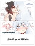  ! !? 2girls ? black_hair blue_eyes blush breasts cleavage comic english engrish explosion grey_eyes half-closed_eyes hands_on_another&#039;s_shoulders highres long_hair multiple_girls ndgd_(bean1215) open_mouth pajamas radiation_symbol ranguage ruby_rose rwby short_hair speech_bubble tank_top text waking_up wavy_mouth weiss_schnee white_hair 