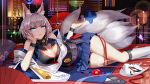  1girl animal_ears bangs bare_shoulders bilan_hangxian blue_eyes blue_skirt blunt_bangs blush breasts cleavage commentary_request cowlick detached_sleeves fan flower folding_fan fox_ears fox_mask fox_tail hakama_skirt highres indoors kaga_(bilan_hangxian) kikumon large_breasts long_sleeves looking_at_viewer lying mask multiple_tails on_side parted_lips pleated_skirt shikigami short_hair silver_hair skirt socks solo tail thighs white_legwear wide_sleeves zjsstc 