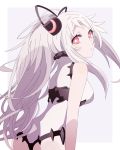  1girl airfield_hime alternate_hairstyle bare_arms bare_shoulders horns kantai_collection leotard long_hair ponytail red_eyes salve_(8947279) shinkaisei-kan sleeveless solo very_long_hair white_border white_hair 