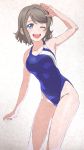  1girl blue_eyes blue_swimsuit brown_hair competition_swimsuit highres leaning_forward looking_at_viewer love_live! love_live!_sunshine!! one-piece_swimsuit one_eye_closed open_mouth salute shishamo_(masato_k) short_hair solo standing swimsuit traditional_media watanabe_you 