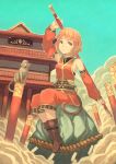  1girl boots chinese clouds commentary_request detached_sleeves genderswap genderswap_(mtf) hair_ornament holding holding_weapon monkey monkey_tail orange_eyes orange_hair original peroncho pointy_ears rock rope sitting sleeveless staff sun_wukong tail translated weapon 