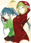  2girls :d bangs black_skirt blue_hair blush breasts brown_eyes closed_mouth cowboy_shot facepaint gloves green_hair green_jacket gumi hand_on_own_chin hatsune_miku headphones hood hood_up hoodie index_finger_raised jacket leaning_forward long_sleeves looking_at_viewer lpip matryoshka_(vocaloid) medium_breasts miniskirt multiple_girls open_mouth pleated_skirt red_gloves red_shorts ringed_eyes short_hair short_shorts shorts skirt smile standing thighs track_jacket triangle twintails two-tone_background vocaloid zipper 