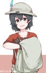  1girl backpack bag black_gloves black_hair bucket_hat disco_brando gloves hat hat_feather highres kaban_(kemono_friends) kemono_friends recursion red_shirt shirt short_hair smile solo t-shirt v-neck wavy_hair 