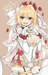  1girl ahoge belt blonde_hair bodysuit breasts chains cleavage fate/extra fate/extra_ccc fate/grand_order fate_(series) flower foyoy_p garter_straps gloves green_eyes heart heart_hands highres large_breasts lock looking_at_viewer open_mouth padlock red_rose rose saber_bride saber_extra smile solo veil zipper 