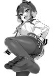  1girl :d asanagi ass blush dress fang feet from_below greyscale hand_on_hip hat highres kantai_collection looking_at_viewer monochrome multicolored_hair no_shoes open_mouth pantyhose pov_feet sailor_dress simple_background sleeves_past_wrists smile soles solo toes tokitsukaze_(kantai_collection) two-tone_hair white_background 