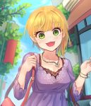  1girl :3 absurdres bag bangs blonde_hair blue_sky bracelet breasts building camisole carrying_bag cleavage collarbone commentary day dress eyebrows_visible_through_hair floral_print green_eyes heart heart_necklace highres idolmaster idolmaster_cinderella_girls jewelry kamille_(vcx68) long_sleeves looking_at_viewer medium_breasts miyamoto_frederica necklace open_mouth outdoors purple_dress rose_print short_hair shoulder_bag sky smile solo sparkle tree upper_body 