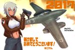  aircraft airplane blue_eyes bomber_jacket breasts formation_girls gloves hat highres jacket looking_at_viewer me_262 mikoyan peaked_cap warthilde_krupinski white_hair 