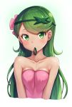  1girl alternate_hairstyle arm arms_at_sides bare_arms bare_shoulders blush breasts cleavage collarbone dark_skin female flower green_eyes green_hair green_hairband hair_down hair_flower hair_ornament hairband highres long_hair looking_at_viewer mallow_(pokemon) matching_hair/eyes medium_breasts mouth_hold neck nintendo pink_tubetop pokemon pokemon_(anime) pokemon_(game) pokemon_sm simple_background snowcanvas solo strapless trial_captain tubetop upper_body white_background 