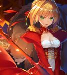  1girl aestus_estus blonde_hair breasts cleavage epaulettes fate/extra fate_(series) green_eyes hair_ribbon highres lion looking_to_the_side medium_breasts mhong red_ribbon ribbon saber_extra short_hair solo sword weapon 