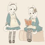  1girl animal_ears black_headband black_legwear book bow cat_ears cat_tail dress frilled_dress frills furry hair_ornament headband holding_tail long_hair long_sleeves looking_at_viewer mary_janes multiple_views reading shoes simple_background sitting sitting_on_books striped striped_legwear tail thigh-highs white_hair yagi_(s1120411) zettai_ryouiki 