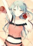  1girl :o arm_up armpits bangs bare_shoulders bed_sheet blue_eyes blue_hair blush breasts camisole cleavage collarbone cowboy_shot food frilled_panties frills from_above fruit hatsune_miku holding holding_food holding_fruit long_hair looking_at_viewer looking_up lpip navel open_mouth panties pink_panties romeo_to_cinderella_(vocaloid) sleeveless small_breasts solo stomach strap_slip tsurime underwear underwear_only very_long_hair vocaloid 