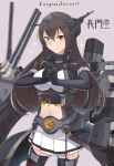  1girl black_coat black_gloves black_hair breasts character_name elbow_gloves garter_straps gloves grey_background hair_between_eyes headgear ido_(teketeke) kantai_collection large_breasts long_coat long_hair nagato_(kantai_collection) pleated_skirt red_eyes remodel_(kantai_collection) simple_background skirt smile solo thigh-highs white_skirt 