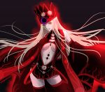  1girl bare_shoulders black_legwear breasts cowboy_shot crown detached_sleeves dress_of_heaven fate/grand_order fate_(series) floating_hair justeaze_lizrich_von_einzbern large_breasts long_hair long_sleeves looking_at_viewer navel pale_skin red_eyes revealing_clothes sleeves_past_wrists smile solo sushimaro thigh-highs twitter_username under_boob white_hair wide_sleeves 