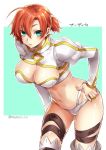  1girl boudica_(fate/grand_order) breasts cleavage eyebrows_visibile_through_hair fate/grand_order fate_(series) green_eyes large_breasts leaning_forward long_sleeves looking_at_viewer navel ponytail puffy_sleeves redhead short_hair takatsuki_ichi thigh_strap 