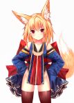  1girl animal_ears bangs black_leotard blonde_hair blush closed_mouth cowboy_shot eyebrows_visible_through_hair fox_ears fox_girl fox_tail hands_on_hips highres leotard light_frown long_hair looking_at_viewer original simple_background solo sukemyon tail thigh-highs thighs violet_eyes white_background 