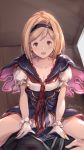  1girl absurdres blonde_hair djeeta_(granblue_fantasy) gloves granblue_fantasy hairband highres milli0401 open_mouth short_hair short_sleeves sitting sitting_on_person spread_legs straddling warlock_(granblue_fantasy) white_gloves 