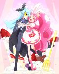  1boy 1girl :o androgynous animal_ears blue_hair boots cake_hair_ornament cape commentary_request cure_whip earrings epaulettes extra_ears food food_themed_hair_ornament fork formal fruit gloves hair_ornament hand_holding hand_on_another&#039;s_hip jewelry julio_(kirakira_precure_a_la_mode) kirakira_precure_a_la_mode long_hair magical_girl mask necktie open_mouth pink pink_choker pink_eyes pink_hair pointy_ears precure puffy_short_sleeves puffy_sleeves rabbit_ears short_sleeves smile strawberry strawberry_shortcake suit twintails usami_ichika whipped_cream white_gloves yui_(kanatamoo) 