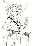  1girl :3 animal_ears belt cosplay fennec_(kemono_friends) fingerless_gloves flask gloves goggles goggles_on_head hand_on_hip kemono_friends monochrome nanashiba paladins pip_(paladins) short_hair sleeveless tail v white_background 