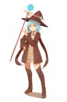  1girl angry blue_hair boots dress floating_object gem hand_on_hip hat levitation orange_eyes original peroncho staff telekinesis thigh-highs thigh_boots white_background wide_sleeves witch_hat 