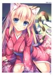  1girl absurdres animal_ears blonde_hair blue_eyes blush breasts choko_(cup) closed_mouth cup eyebrows_visible_through_hair floral_print from_above hair_between_eyes head_tilt highres japanese_clothes kimono large_breasts long_hair long_sleeves looking_at_viewer nozomi_tsubame page_number sakazuki scan sitting smile solo striped_tail tail tatami tiger_ears tiger_tail toranoana very_long_hair 