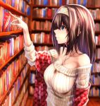  1girl bare_shoulders black_hair blue_eyes blurry blush book bookshelf breasts cleavage closed_mouth commentary depth_of_field from_side hairband idolmaster idolmaster_cinderella_girls jewelry large_breasts long_hair long_sleeves matsunaga_garana off-shoulder_sweater pendant plaid plaid_scarf profile ribbed_sweater sagisawa_fumika scarf smile solo sweater upper_body white_hairband 